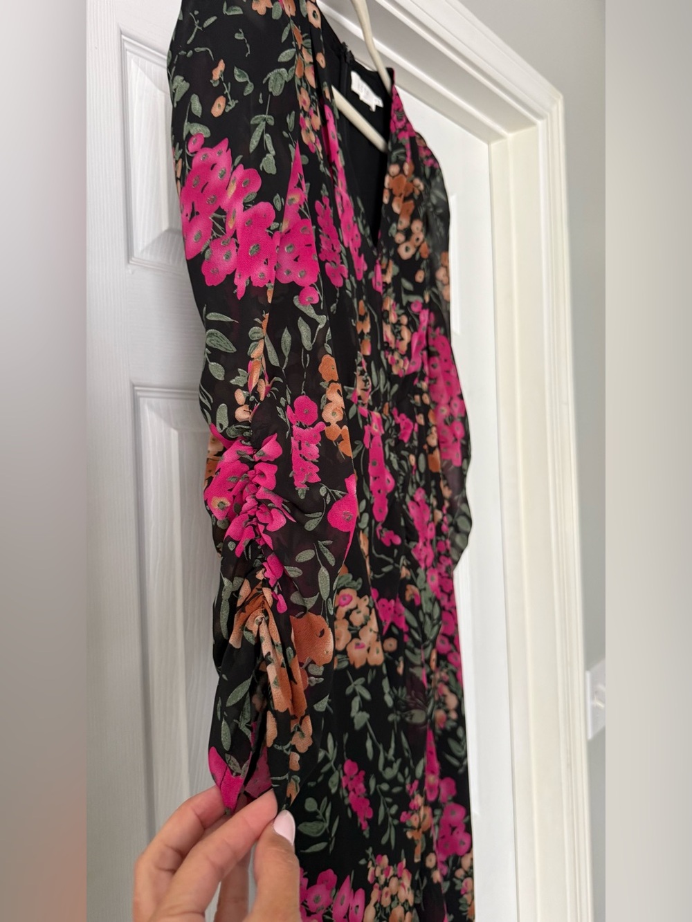 Astr Floral Ruched V-Neck Midi Dress - Black, Pink, Brown - Picture 5 of 8